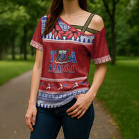 Personalised Toa Samoa Rugby Christmas Cross Shoulder Shirt Ula Fala Samoan Pattern Red - Polynesian Pride