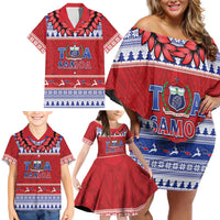 Personalised Toa Samoa Rugby Christmas Family Matching Off Shoulder Short Dress and Hawaiian Shirt Ula Fala Samoan Pattern Red LT14 - Polynesian Pride
