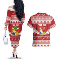 Personalised Tonga Rugby Christmas Couples Matching Off The Shoulder Long Sleeve Dress and Hawaiian Shirt Mate Maa Tonga Ngatu Pattern LT14 - Polynesian Pride