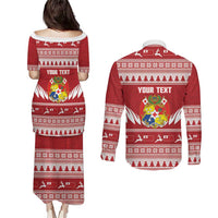 Personalised Tonga Rugby Christmas Couples Matching Puletasi and Long Sleeve Button Shirt Mate Maa Tonga Ngatu Pattern - Polynesian Pride