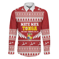 Personalised Tonga Rugby Christmas Family Matching Long Sleeve Bodycon Dress and Hawaiian Shirt Mate Maa Tonga Ngatu Pattern LT14 Dad's Shirt - Long Sleeve Red - Polynesian Pride