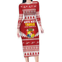 Personalised Tonga Rugby Christmas Family Matching Long Sleeve Bodycon Dress and Hawaiian Shirt Mate Maa Tonga Ngatu Pattern LT14 Mom's Dress Red - Polynesian Pride