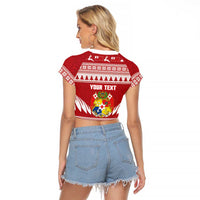 Personalised Tonga Rugby Christmas Raglan Cropped T Shirt Mate Maa Tonga Ngatu Pattern - Polynesian Pride