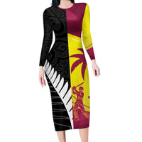 New Zealand and West Indies Cricket Custom Long Sleeve Bodycon Dress Black Cap Windies Together LT14 Long Dress Black - Polynesian Pride