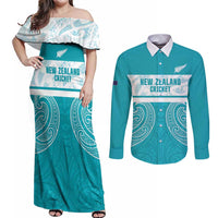 New Zealand Silver Fern Cricket Custom Couples Matching Off Shoulder Maxi Dress and Long Sleeve Button Shirt Black Cap Teal Maori Pattern LT14 Teal - Polynesian Pride