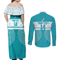 New Zealand Silver Fern Cricket Custom Couples Matching Off Shoulder Maxi Dress and Long Sleeve Button Shirt Black Cap Teal Maori Pattern LT14 - Polynesian Pride