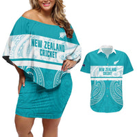 New Zealand Silver Fern Cricket Custom Couples Matching Off Shoulder Short Dress and Hawaiian Shirt Black Cap Teal Maori Pattern LT14 Teal - Polynesian Pride