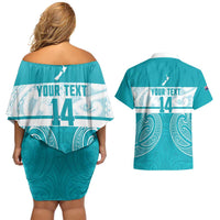 New Zealand Silver Fern Cricket Custom Couples Matching Off Shoulder Short Dress and Hawaiian Shirt Black Cap Teal Maori Pattern LT14 - Polynesian Pride