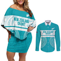 New Zealand Silver Fern Cricket Custom Couples Matching Off Shoulder Short Dress and Long Sleeve Button Shirt Black Cap Teal Maori Pattern LT14 Teal - Polynesian Pride