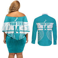New Zealand Silver Fern Cricket Custom Couples Matching Off Shoulder Short Dress and Long Sleeve Button Shirt Black Cap Teal Maori Pattern LT14 - Polynesian Pride