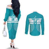 New Zealand Silver Fern Cricket Custom Couples Matching Off The Shoulder Long Sleeve Dress and Long Sleeve Button Shirt Black Cap Teal Maori Pattern LT14 - Polynesian Pride