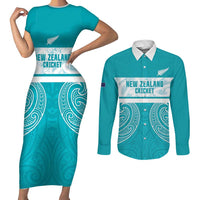 New Zealand Silver Fern Cricket Custom Couples Matching Short Sleeve Bodycon Dress and Long Sleeve Button Shirt Black Cap Teal Maori Pattern LT14 Teal - Polynesian Pride