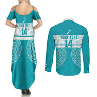 New Zealand Silver Fern Cricket Custom Couples Matching Summer Maxi Dress and Long Sleeve Button Shirt Black Cap Teal Maori Pattern LT14 - Polynesian Pride