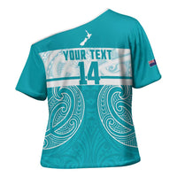 New Zealand Silver Fern Cricket Custom Cross Shoulder Shirt Black Cap Teal Maori Pattern - Polynesian Pride