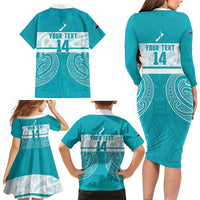 New Zealand Silver Fern Cricket Custom Family Matching Long Sleeve Bodycon Dress and Hawaiian Shirt Black Cap Teal Maori Pattern LT14 - Polynesian Pride