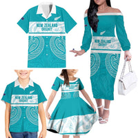 New Zealand Silver Fern Cricket Custom Family Matching Off The Shoulder Long Sleeve Dress and Hawaiian Shirt Black Cap Teal Maori Pattern LT14 - Polynesian Pride