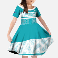 New Zealand Silver Fern Cricket Custom Family Matching Off Shoulder Short Dress and Hawaiian Shirt Black Cap Teal Maori Pattern LT14 Daughter's Dress Teal - Polynesian Pride