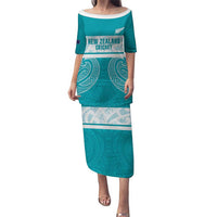 New Zealand Silver Fern Cricket Custom Family Matching Puletasi and Hawaiian Shirt Black Cap Teal Maori Pattern LT14 Mom's Dress Teal - Polynesian Pride