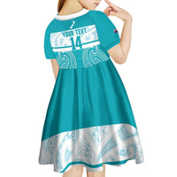 New Zealand Silver Fern Cricket Custom Kid Short Sleeve Dress Black Cap Teal Maori Pattern - Polynesian Pride