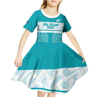 New Zealand Silver Fern Cricket Custom Kid Short Sleeve Dress Black Cap Teal Maori Pattern - Polynesian Pride