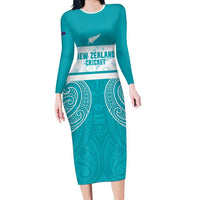 New Zealand Silver Fern Cricket Custom Long Sleeve Bodycon Dress Black Cap Teal Maori Pattern LT14 Long Dress Teal - Polynesian Pride