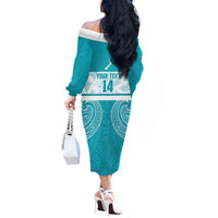 New Zealand Silver Fern Cricket Custom Off The Shoulder Long Sleeve Dress Black Cap Teal Maori Pattern LT14 - Polynesian Pride