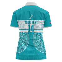 New Zealand Silver Fern Cricket Custom Women Polo Shirt Black Cap Teal Maori Pattern LT14 - Polynesian Pride