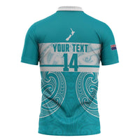 New Zealand Silver Fern Cricket Custom Zipper Polo Shirt Black Cap Teal Maori Pattern - Polynesian Pride
