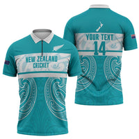 New Zealand Silver Fern Cricket Custom Zipper Polo Shirt Black Cap Teal Maori Pattern - Polynesian Pride