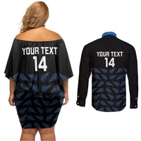New Zealand Silver Fern Cricket Custom Couples Matching Off Shoulder Short Dress and Long Sleeve Button Shirt Black Cap T20 Version LT14 - Polynesian Pride