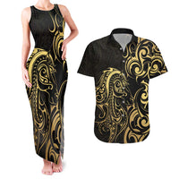 Gold And Black Aotearoa Horse Racing Couples Matching Tank Maxi Dress and Hawaiian Shirt NZ Maori Pattern LT14 Black - Polynesian Pride