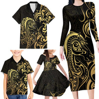 Gold And Black Aotearoa Horse Racing Family Matching Long Sleeve Bodycon Dress and Hawaiian Shirt NZ Maori Pattern LT14 - Polynesian Pride