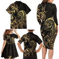 Gold And Black Aotearoa Horse Racing Family Matching Long Sleeve Bodycon Dress and Hawaiian Shirt NZ Maori Pattern LT14 - Polynesian Pride