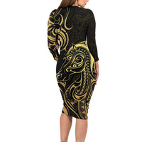 Gold And Black Aotearoa Horse Racing Family Matching Long Sleeve Bodycon Dress and Hawaiian Shirt NZ Maori Pattern LT14 - Polynesian Pride