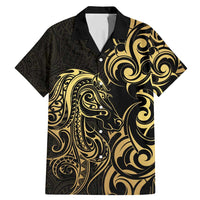 Gold And Black Aotearoa Horse Racing Family Matching Mermaid Dress and Hawaiian Shirt NZ Maori Pattern LT14 Dad's Shirt - Short Sleeve Black - Polynesian Pride