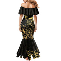 Gold And Black Aotearoa Horse Racing Family Matching Mermaid Dress and Hawaiian Shirt NZ Maori Pattern LT14 - Polynesian Pride