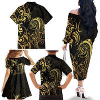 Gold And Black Aotearoa Horse Racing Family Matching Off The Shoulder Long Sleeve Dress and Hawaiian Shirt NZ Maori Pattern LT14 - Polynesian Pride