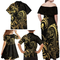 Gold And Black Aotearoa Horse Racing Family Matching Off Shoulder Maxi Dress and Hawaiian Shirt NZ Maori Pattern LT14 - Polynesian Pride