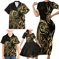 Gold And Black Aotearoa Horse Racing Family Matching Short Sleeve Bodycon Dress and Hawaiian Shirt NZ Maori Pattern LT14 - Polynesian Pride