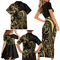 Gold And Black Aotearoa Horse Racing Family Matching Short Sleeve Bodycon Dress and Hawaiian Shirt NZ Maori Pattern LT14 - Polynesian Pride