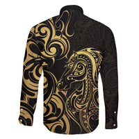 Gold And Black Aotearoa Horse Racing Family Matching Short Sleeve Bodycon Dress and Hawaiian Shirt NZ Maori Pattern LT14 - Polynesian Pride
