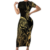 Gold And Black Aotearoa Horse Racing Family Matching Short Sleeve Bodycon Dress and Hawaiian Shirt NZ Maori Pattern LT14 Mom's Dress Black - Polynesian Pride