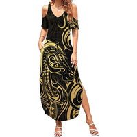 Gold And Black Aotearoa Horse Racing Family Matching Summer Maxi Dress and Hawaiian Shirt NZ Maori Pattern LT14 Mom's Dress Black - Polynesian Pride