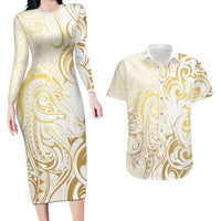 Gold And White Aotearoa Horse Racing Couples Matching Long Sleeve Bodycon Dress and Hawaiian Shirt NZ Maori Pattern LT14 White - Polynesian Pride