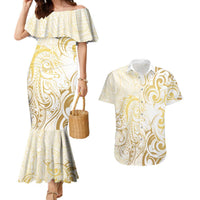 Gold And White Aotearoa Horse Racing Couples Matching Mermaid Dress and Hawaiian Shirt NZ Maori Pattern LT14 White - Polynesian Pride