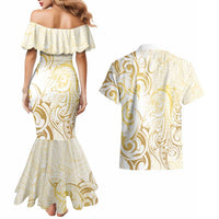 Gold And White Aotearoa Horse Racing Couples Matching Mermaid Dress and Hawaiian Shirt NZ Maori Pattern LT14 - Polynesian Pride