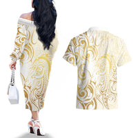 Gold And White Aotearoa Horse Racing Couples Matching Off The Shoulder Long Sleeve Dress and Hawaiian Shirt NZ Maori Pattern LT14 - Polynesian Pride