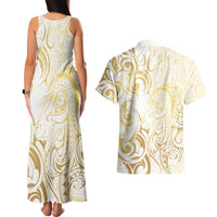 Gold And White Aotearoa Horse Racing Couples Matching Tank Maxi Dress and Hawaiian Shirt NZ Maori Pattern LT14 - Polynesian Pride