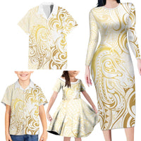 Gold And White Aotearoa Horse Racing Family Matching Long Sleeve Bodycon Dress and Hawaiian Shirt NZ Maori Pattern LT14 - Polynesian Pride
