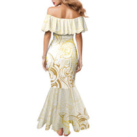 Gold And White Aotearoa Horse Racing Family Matching Mermaid Dress and Hawaiian Shirt NZ Maori Pattern LT14 - Polynesian Pride